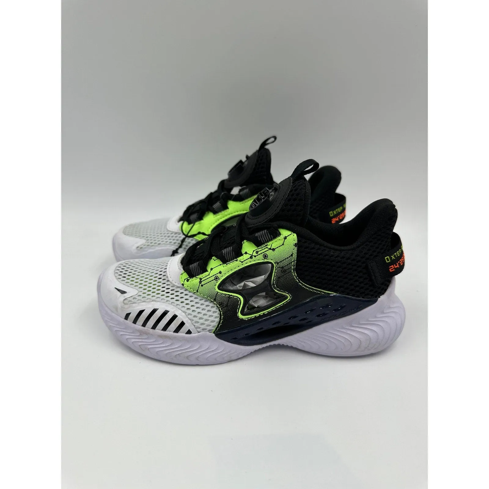 Big Kid Size 2, Black, White and Lime Green Sneakers with Rugged Urban Design