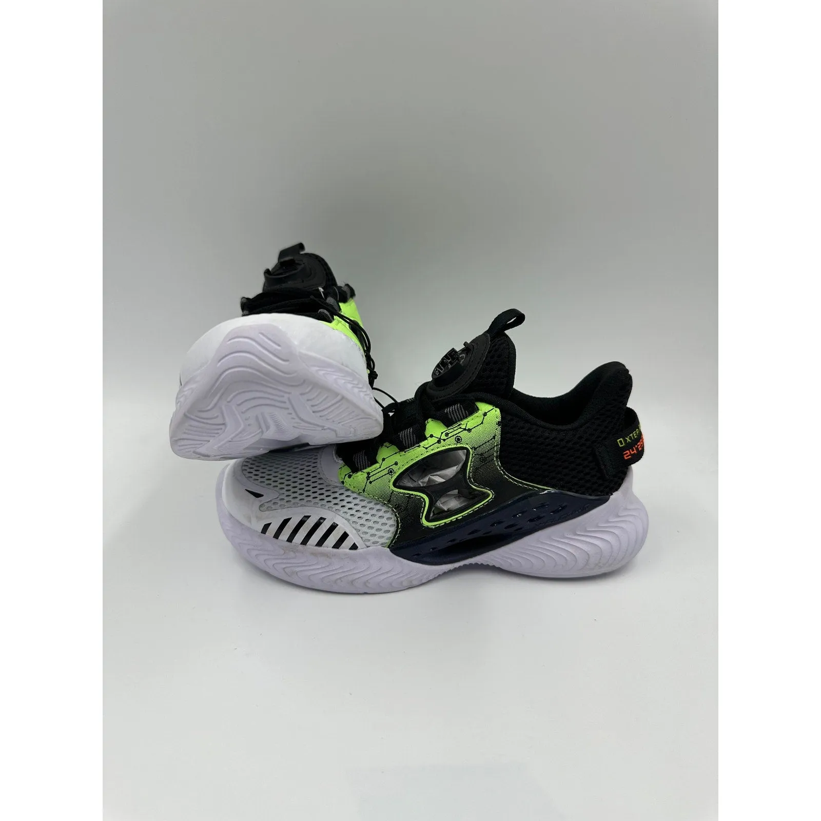 Big Kid Size 2, Black, White and Lime Green Sneakers with Rugged Urban Design