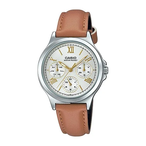 Casio Ladies' Multi-Hands Brown Leather Band Watch LTPV300L-7A2 LTP-V300L-7A2