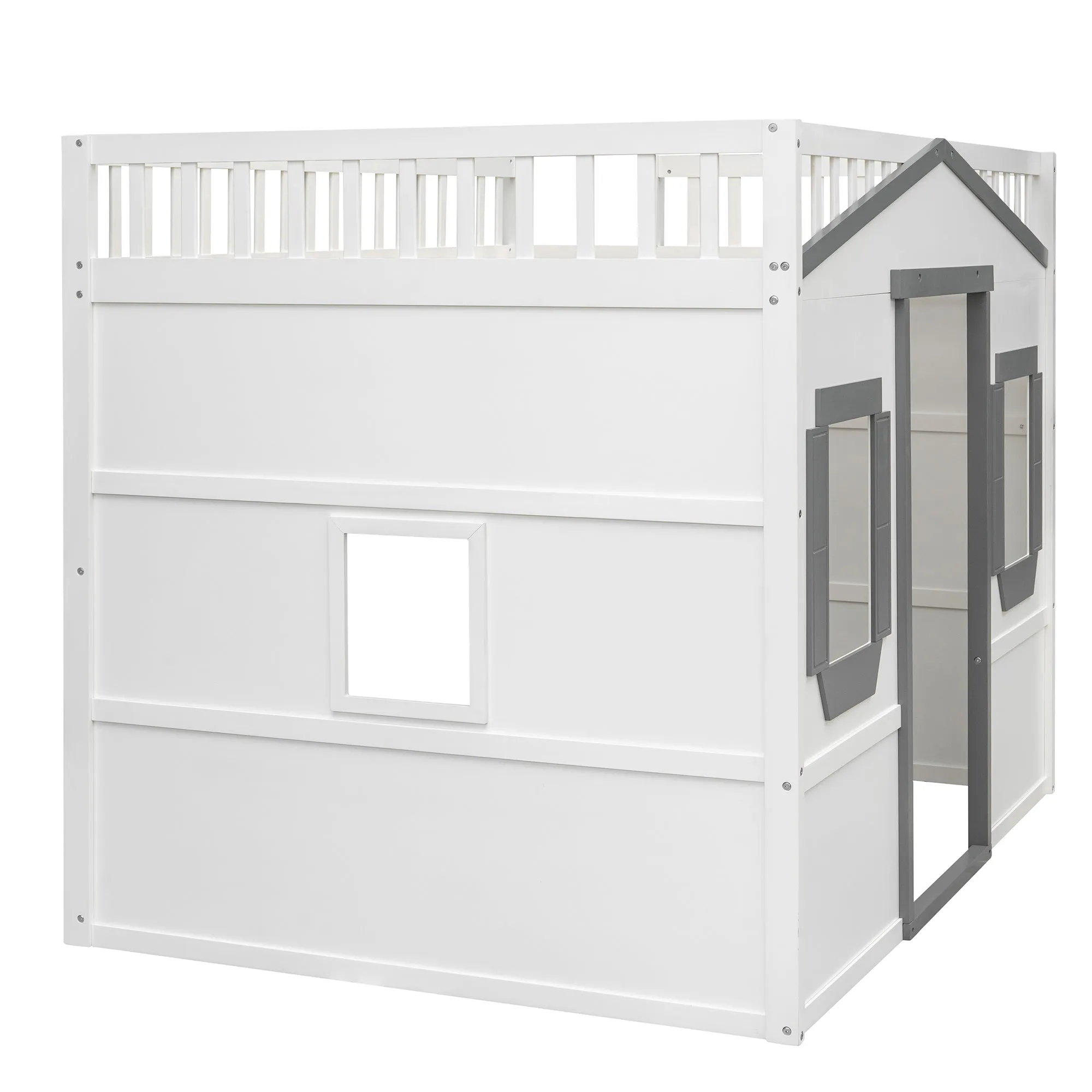 Full Size House Loft Bed With Ladder-White Gray Frame