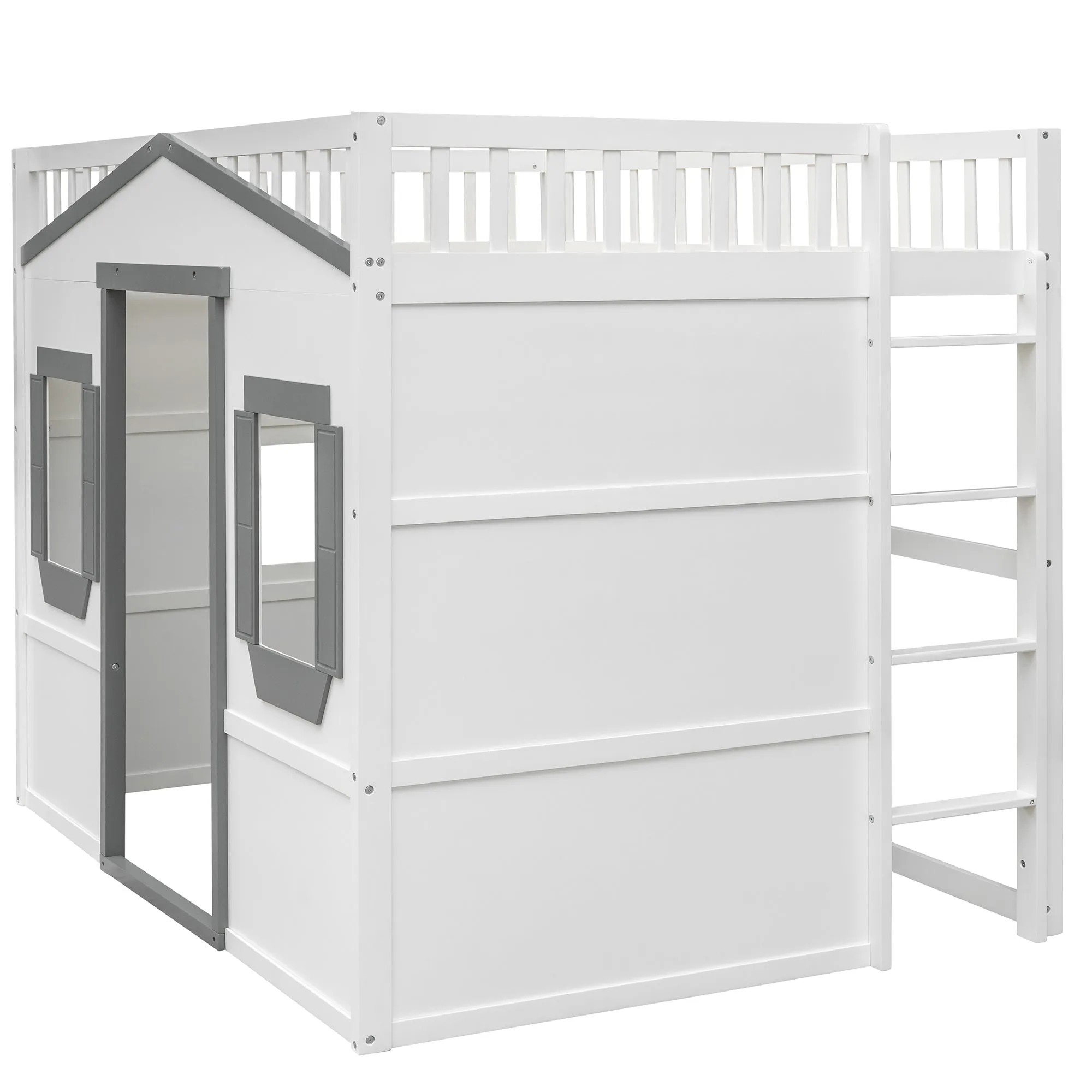 Full Size House Loft Bed With Ladder-White Gray Frame