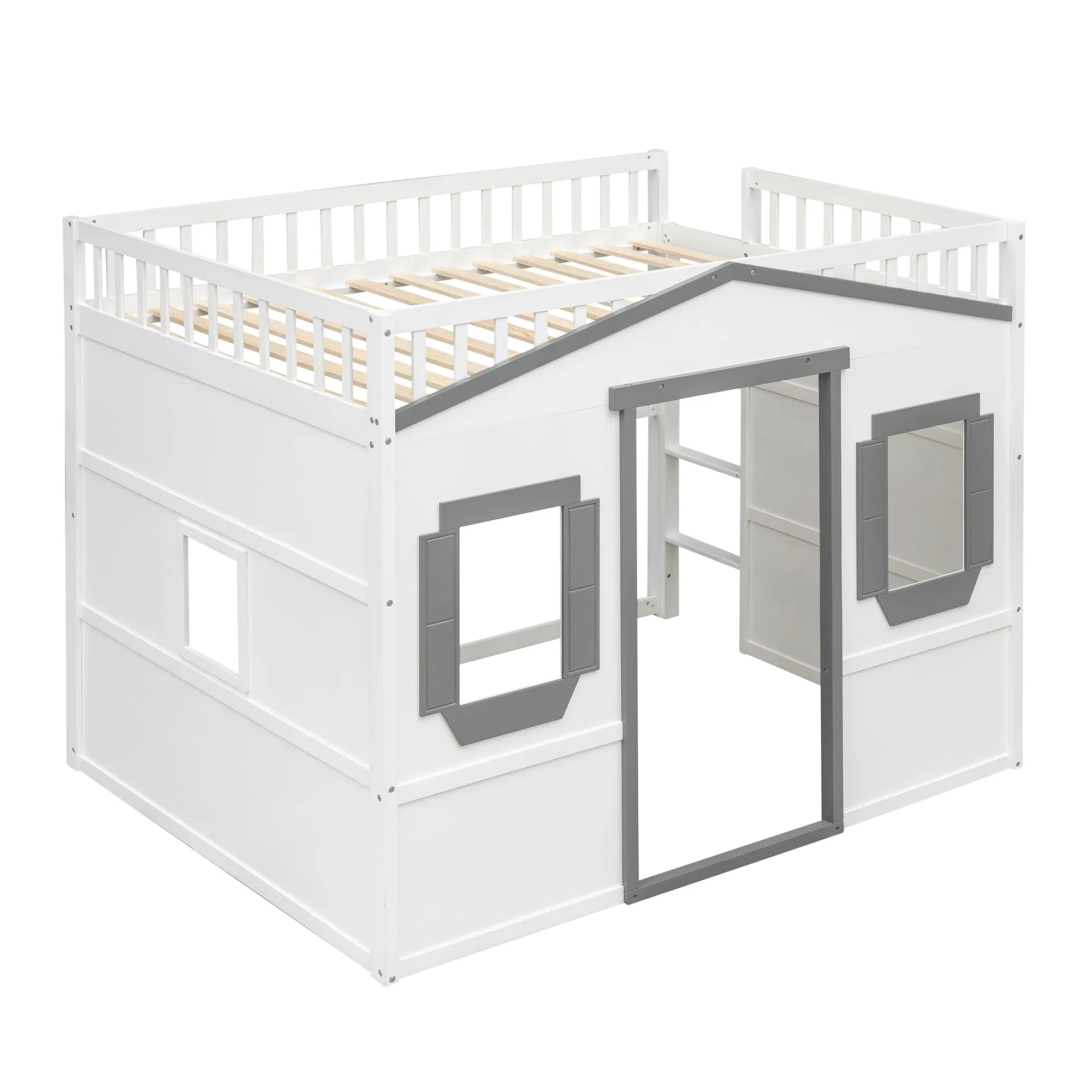 Full Size House Loft Bed With Ladder-White Gray Frame