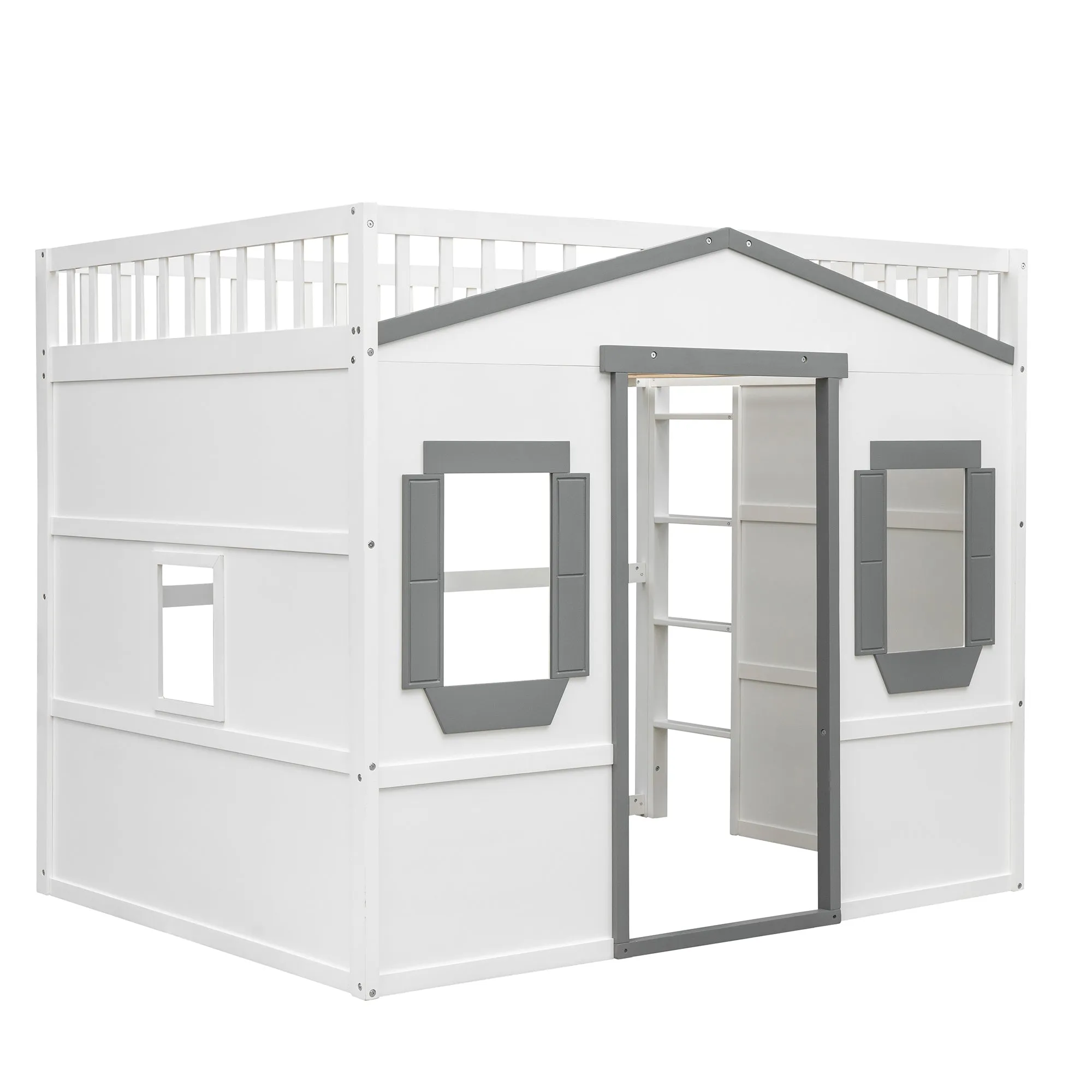 Full Size House Loft Bed With Ladder-White Gray Frame