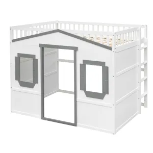 Full Size House Loft Bed With Ladder-White Gray Frame