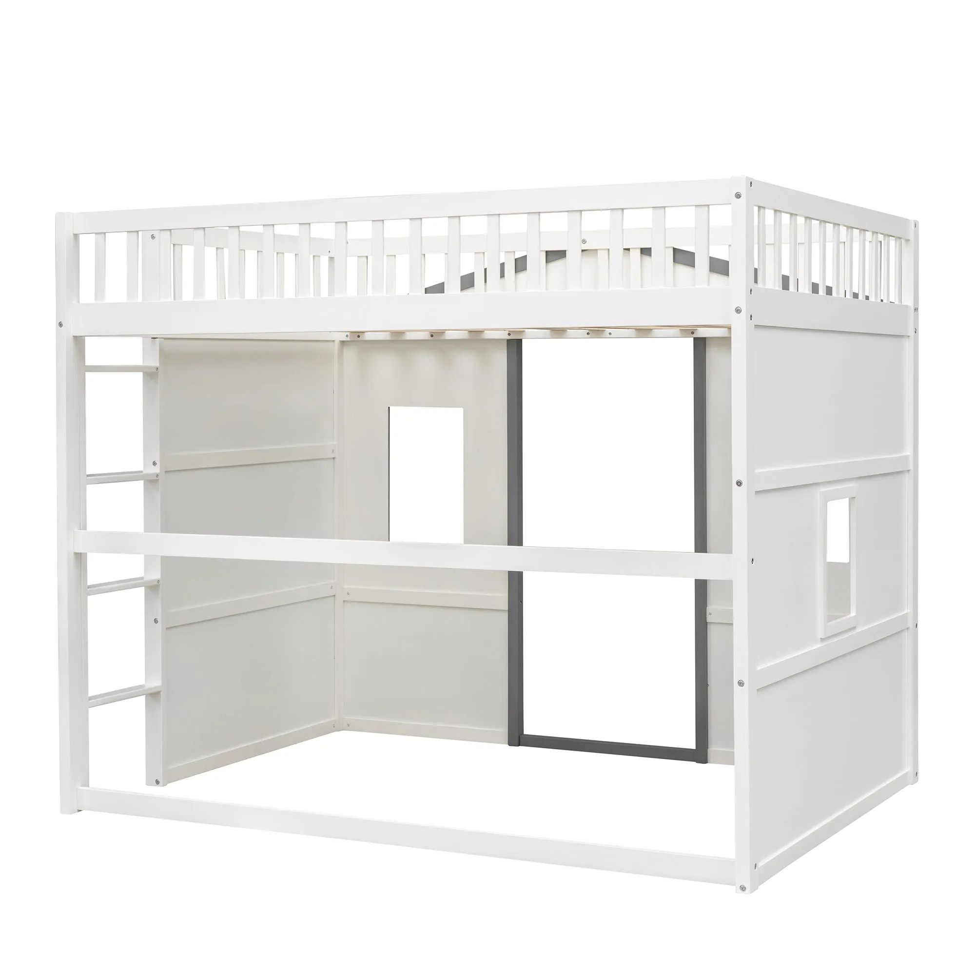 Full Size House Loft Bed With Ladder-White Gray Frame