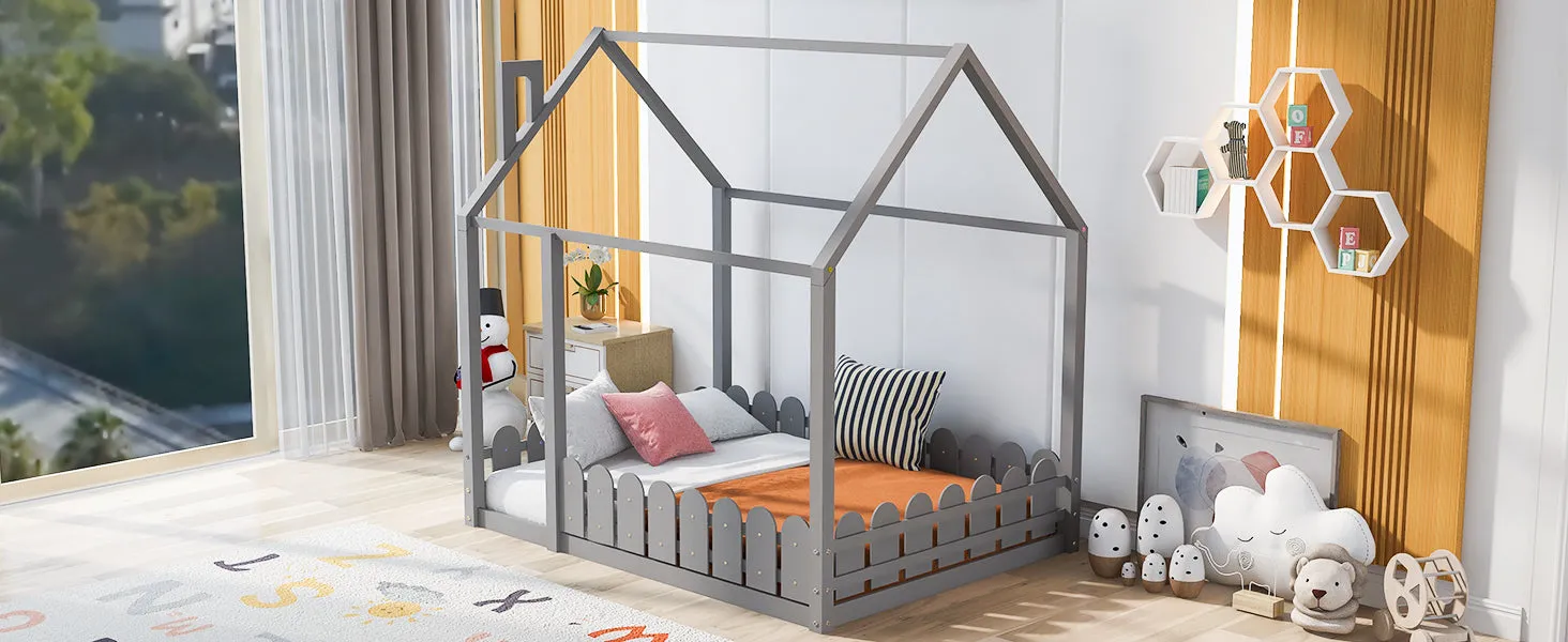 Full Size Wood Bed House Bed Frame with Fence, for Kids, Teens, Girls, Boys, Gray