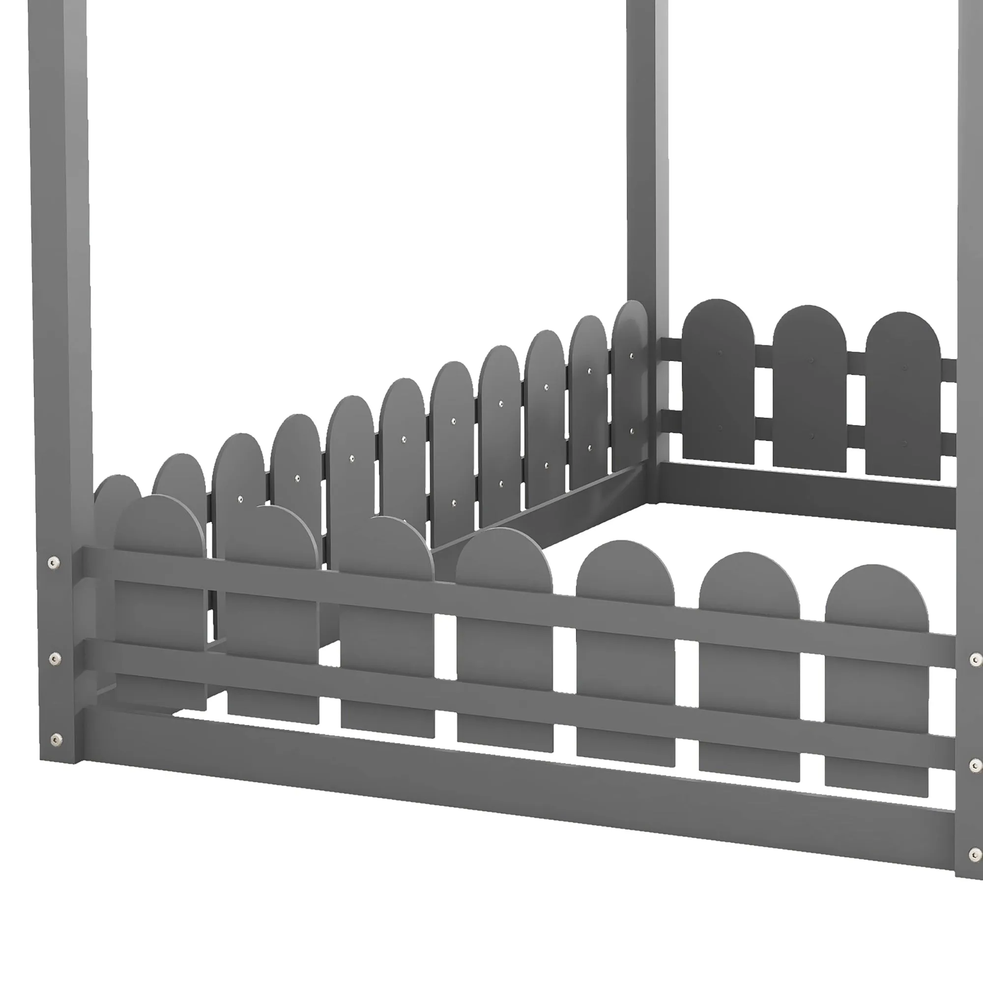 Full Size Wood Bed House Bed Frame with Fence, for Kids, Teens, Girls, Boys, Gray