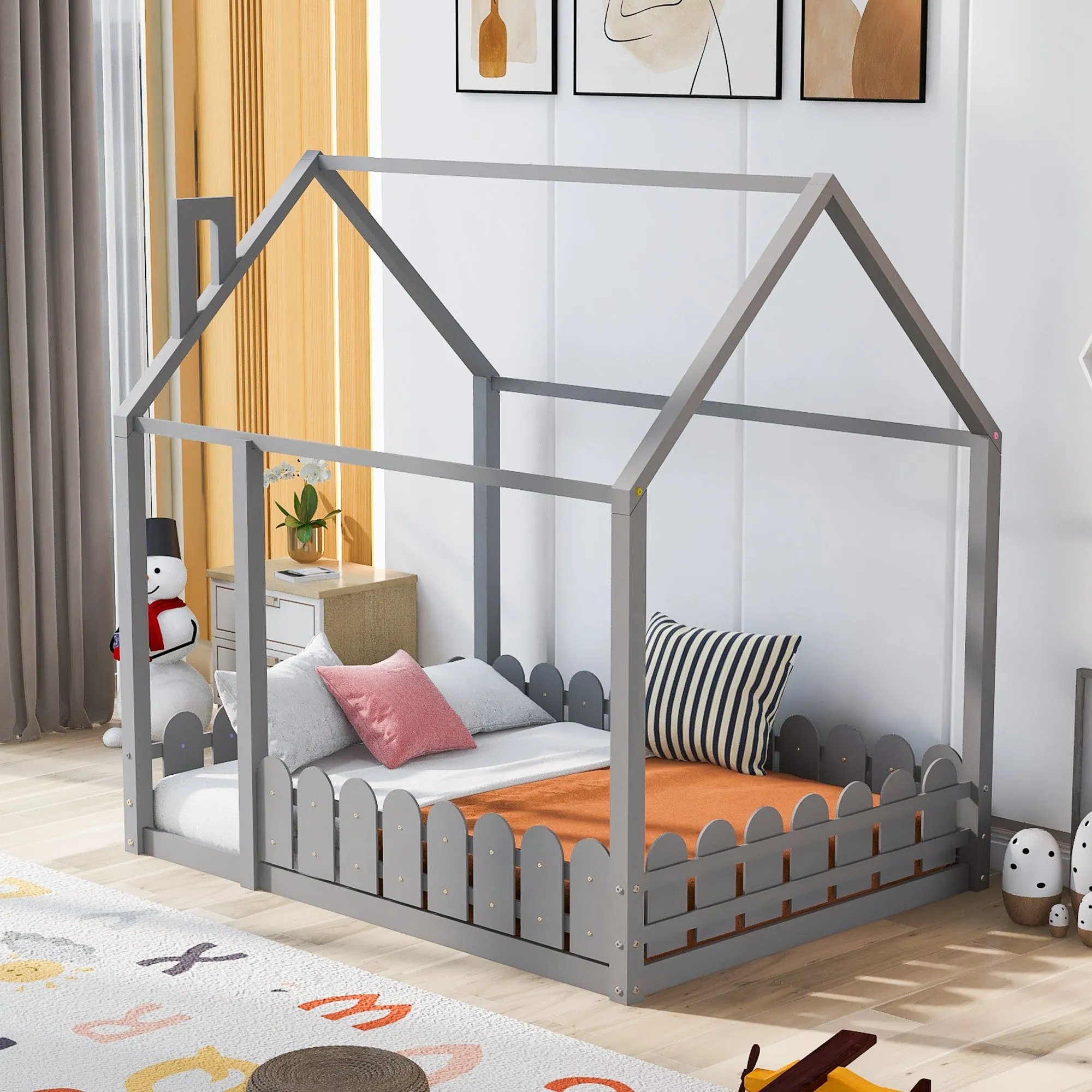 Full Size Wood Bed House Bed Frame with Fence, for Kids, Teens, Girls, Boys, Gray