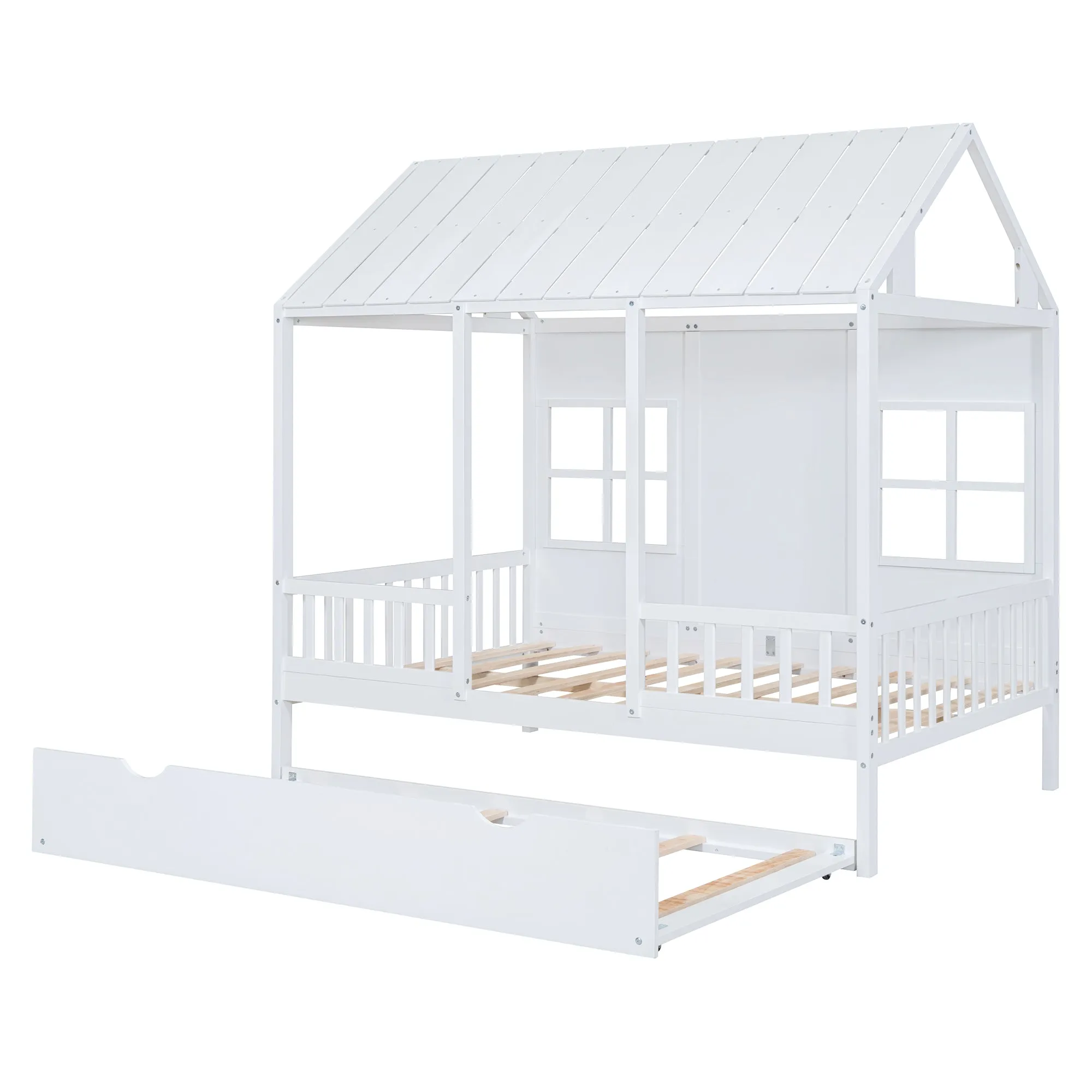 Full Size Wood House Bed With Twin Size Trundle, Wooden Daybed, White