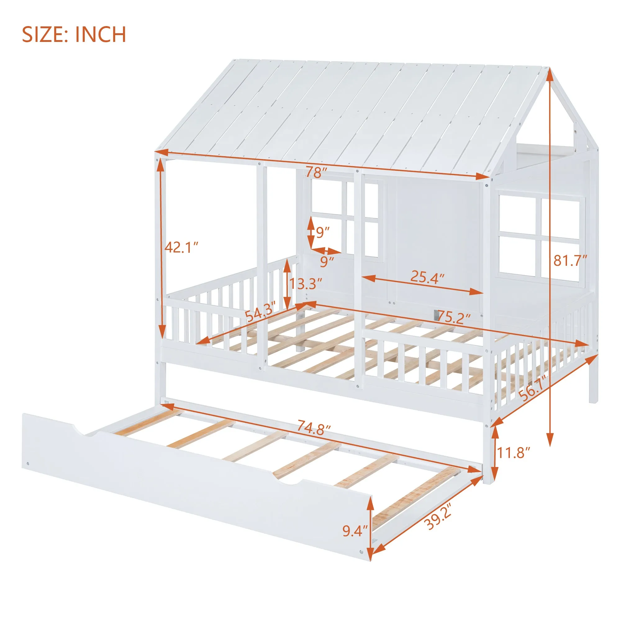 Full Size Wood House Bed With Twin Size Trundle, Wooden Daybed, White