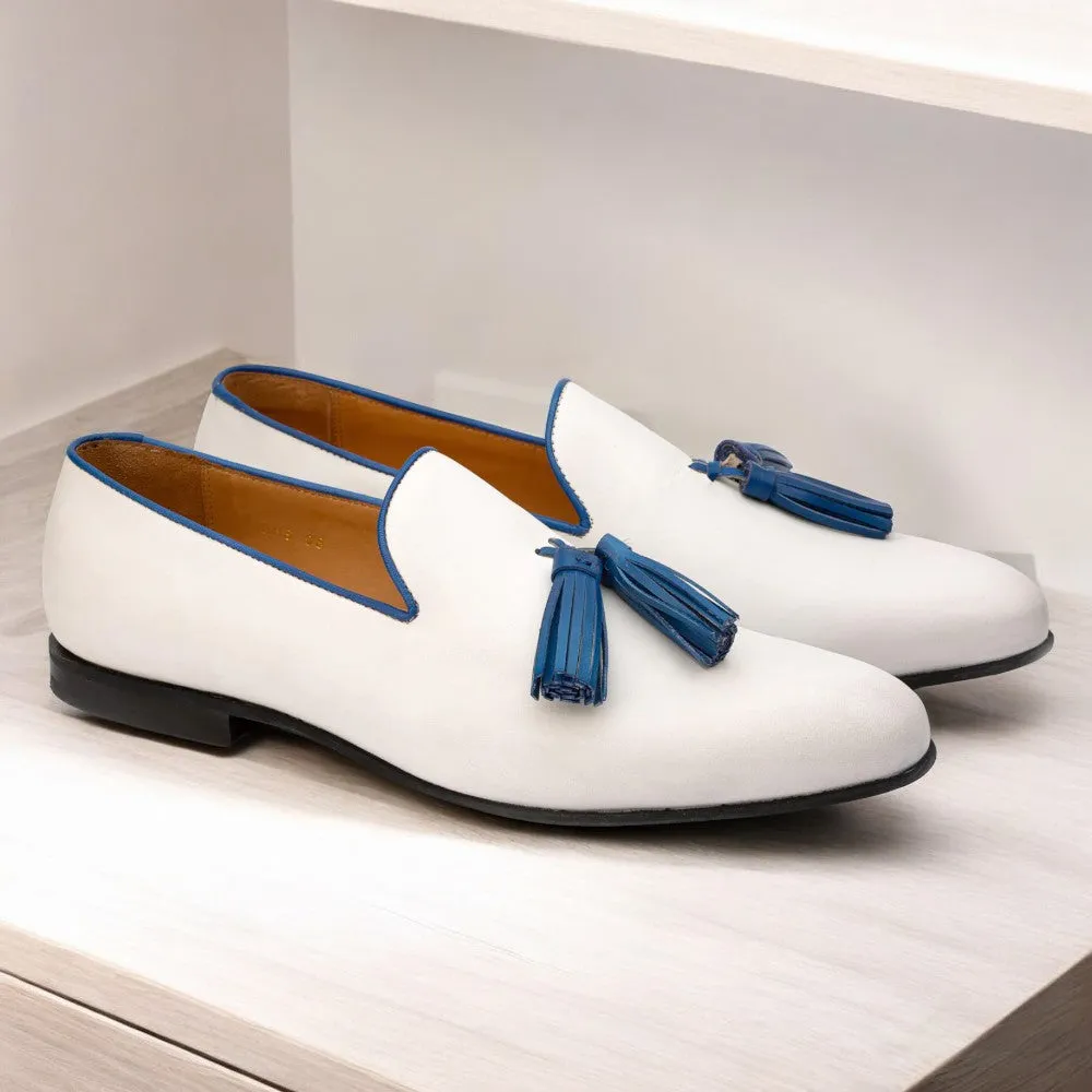 Men's Bespoke White & Blue Loafer Leather Shoes, Moccasin Shoes